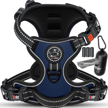 Шлейка для собак LOVPET® без натягу та тяги для маленьких собак та цуценят, дихаюча та м'яка, світловідбиваюча | Безперетягувальна шлейка з ручкою та рулонами для відходів | Регульована шлейка Navy Blue - L Navy Blue