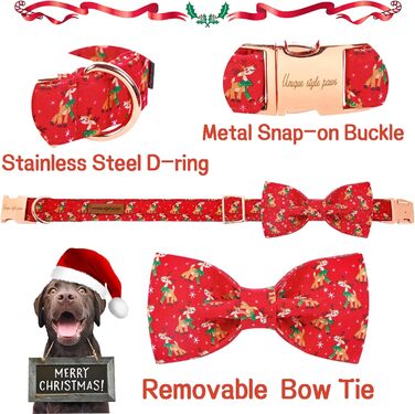 Нашийник для собак Unique Style з знімною метеликом, для малих, середніх та великих собак, регульований XXS-XL (S (1 шт), Олень на Різдво)