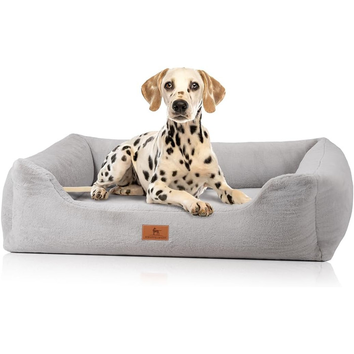 Ортопедичне собаче ліжко Knuffelwuff зі штучним хутром кролика, розмір M-L, 85 x 63 см. Знімний, пральний чохол. Підходить для собак великих, середніх та маленьких порід. (L 155 x B 105 x H 30 см, Сірий)