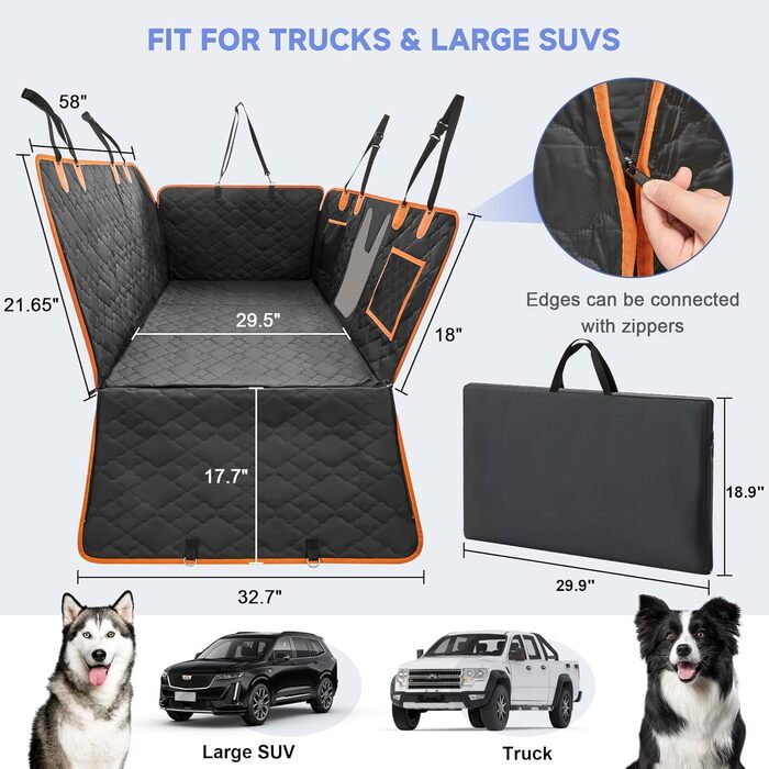 Захист для заднього сидіння автомобіля для собак - килимок для собак з твердим дном, 181 кг, водонепроникний захист сидіння для собак з сіткою, чорна гамак для собак для великих позашляховиків, позашляховиків, чорний з помаранчевим, L (147×75 см)