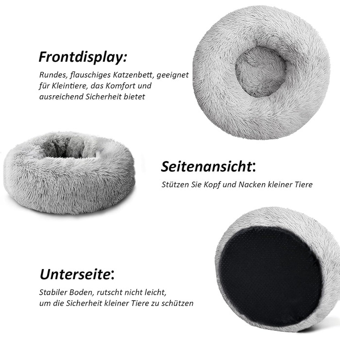 Кругле ліжко для собак та котів Caliyo, середнього розміру, 70 см, сірий колір, м'яке, миється, підходить для сушки