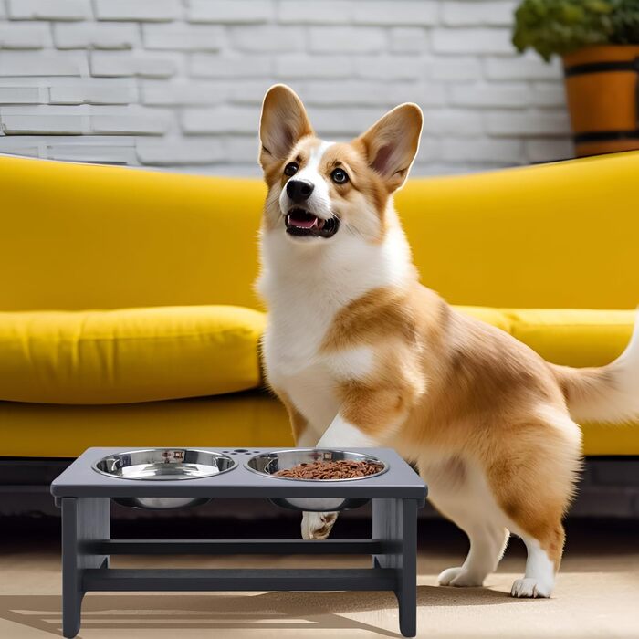 Підвищені годівниці для собак HTB, бамбук, 2 миски з нержавіючої сталі, 44x24x18 см, 18 см висота, сірий колір