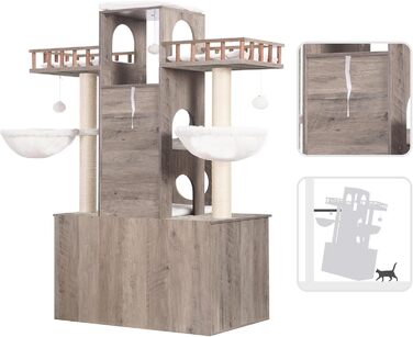 Heybly HCT110SG Когтеточка з туалетом для котів, для великих котів до 9 кг, міцний сучасний котячий будинок з когтеточками, для дому, рустикальний сірий