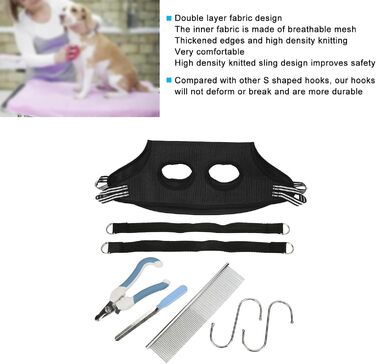 Гамак для грумінгу собак EVTSCAN, чорний, S. З набором для догляду за тваринами: щітка для вичісування та ножиці для стрижки нігтів