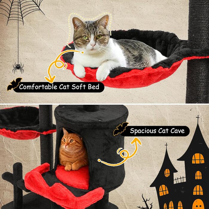 Котячий комплекс Gothic Halloween: стійка кімната з ліжком, будиночком та когтеточками, 84.5 см (Чорний/Червоний)