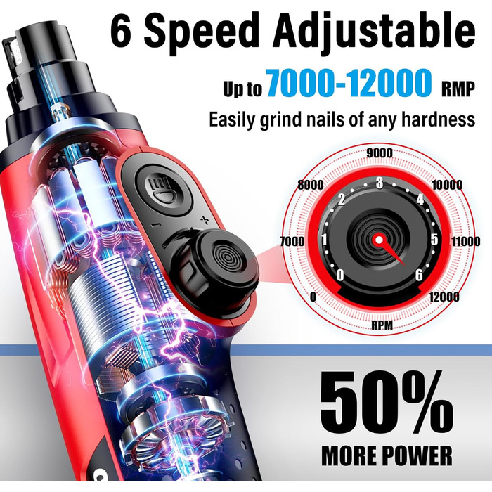 Шліфувальник кігтів для собак Casfuy Smarter Krallenschleifer 6-ступінчатий з LED-підсвіткою, тихий, перезаряджається, для собак та котів великих, середніх та малих порід (червоний)