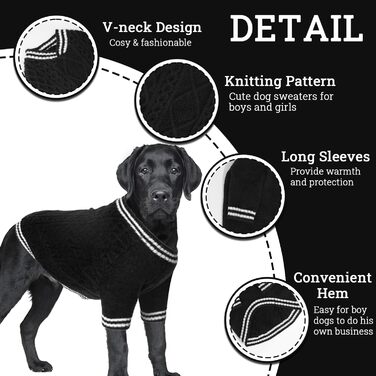 Вовняний пуловер для собак LiebeDD з V-подібним вирізом, чорного кольору, для дрібних та середніх порід, ідеально підходить для такс та грейхаундів (M)