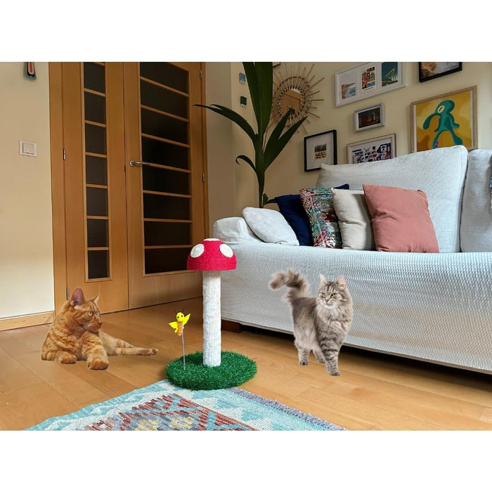 Котячий когтетоп Kratzbaum з мотивом грибів - когтетоп для котів 45 см з трьома текстурами, когтетоп-стійка, когтетоп з товстої тканини, котячі меблі, котячий когтетоп