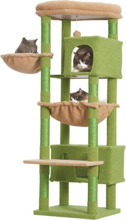 Котячий дім-дерево для великих дорослих котів, кактус, з великими платформами, будиночком, турою, 8 когтеточками, гамаком, зелено-жовтий GCT030-MGY