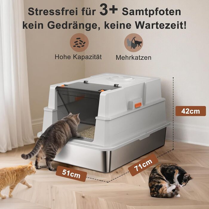 Закритий лоток-туалет для котів з нержавіючої сталі FURTIME XL з кришкою, високими бортами, килимком та контейнером для сміття, сріблястий (70 x 51 x 42 см)