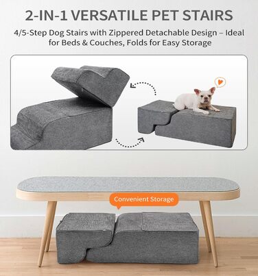 Сходи-рампа для собак Made4Pets, 4-ступінчасті, з 35D піни, для ліжка, дивана, килимка, для малих собак і котів, протиковзкі, сірі