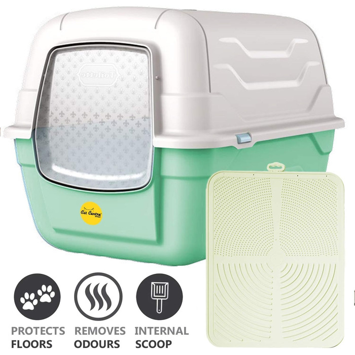 Лотки для котів Cat Centre з кришкою, з дверцятами, з лопаткою та вугільним фільтром, великі, 52 x 40 x 40 см, зелений + кремовий мат