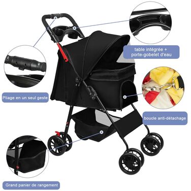 Дитяча коляска для собак та котів Homewell, складана, до 20 кг, з ременями, вантажний відсік та тримач для напоїв (Чорний)