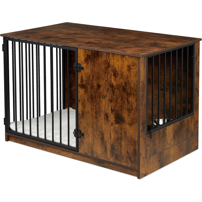 Клітка для собак Relaxdays, для дому, HBT: 65,5x102x60 см, 2 поворотні миски, собача будка з виглядом дерева, МДФ & сталь, (Коричневий/Чорний)