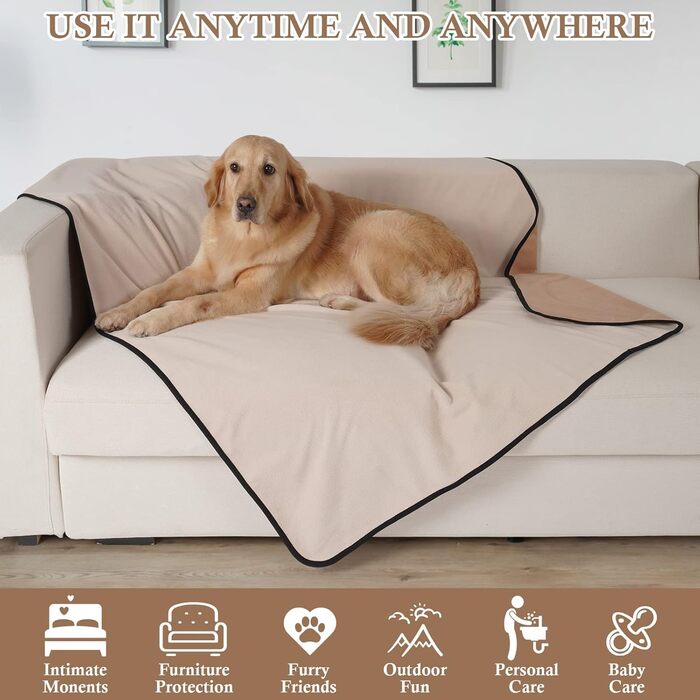 Водонепроникний коврик для собак PETTOM 100x75 см, м'який коврик для великих і маленьких собак, захисний коврик для дивана, ліжка, автокрісла, меблів - прання до 30°C (M, верблюжий)