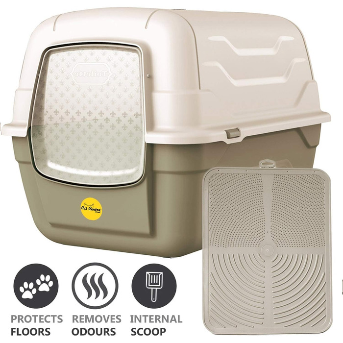 Туалет для котів Cat Centre з кришкою, лотком, дверцятами, совочком та вугільним фільтром для великих котів, 52 x 40 x 40 см (Сірий + сірий килимок)