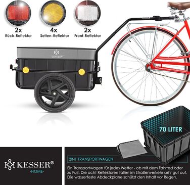 Причіп для велосипеда KESSER®: вантажний, ручний, з кутом нахилу, об'ємом 70 літрів (2 ящики пива) + аксесуари, 26-28 дюймів (сірий)