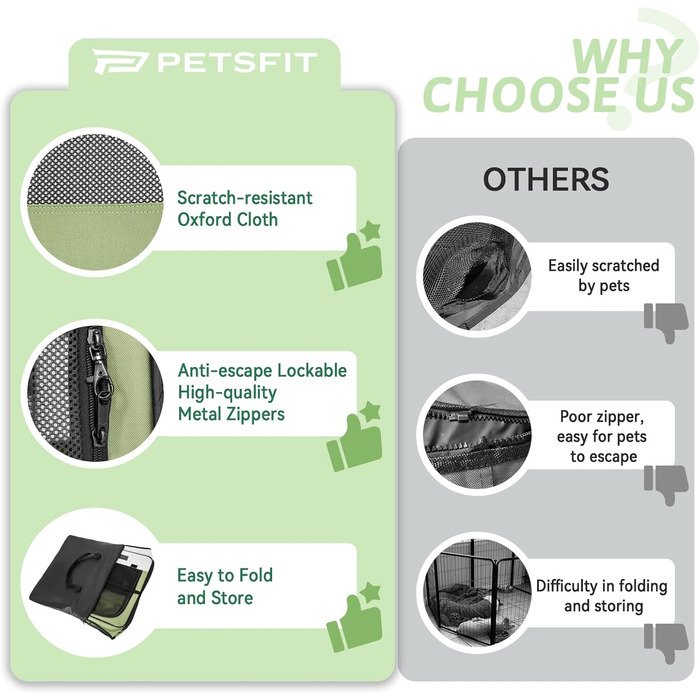 PETSFIT Розкладний вольєр для цуценят та дрібних тварин, вольєр для собак та котів, з водонепроникним дном, Pop-up система, захист від гризучих, 92 x 84 x 53 см (Сірий/Зелений)