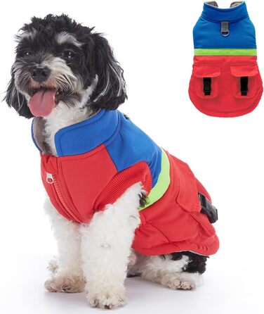 Зимовий теплий пуховик для собак з протекторними отворами, вітронепроникна куртка для холодної погоди, бавовна, костюм для цуценят, маленьких та середніх собак, розмір XL (S: Обхват грудей: 34 см/13.3 дюйма, Стиль 4: Червоний, Синій)