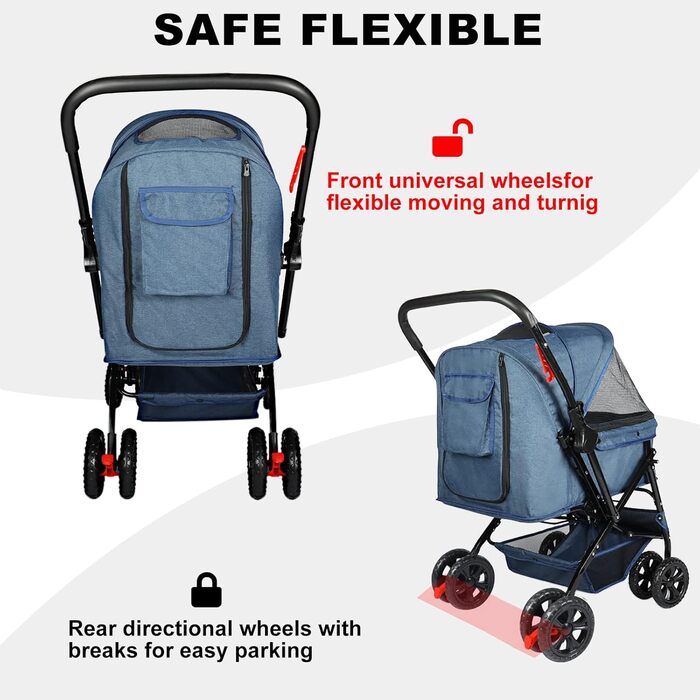 Візок для собак Wedyvko до 20 кг, 4 колеса, складний, для маленьких та середніх собак та котів, з кошиком та тримачем для напоїв, блакитний