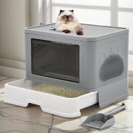 Великий туалет для котів YITAHOME з кришкою, без запаху, Hop In, з совком для наповнювача, сірий