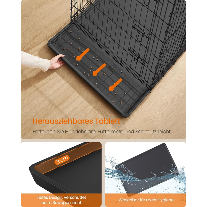 Клітка для собак Feandrea, розкладна, з 2 дверцятами, висувна миска, 122 x 74 x 114 см, XXL, чорна