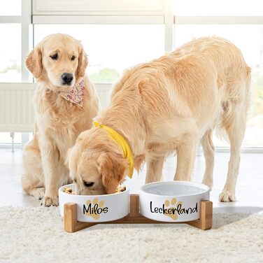 Керамічний двомісний набір мисок з іменем або текстом для собак та котів 'Велика лапа' - персоналізований набір мисок з/без підставки | Миска для собак, годівниця, миска для котів | Годівниця (2x 1300 мл, стійка)