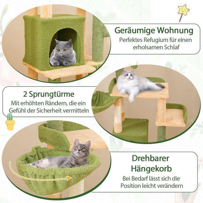 Драбина для котів COSTWAY Kaktus, 160 см, з будиночком, платформами, сизалевими стовпчиками, кошиком, дряпалкою та іграшками. Зелено-помаранчевий котячий комплекс