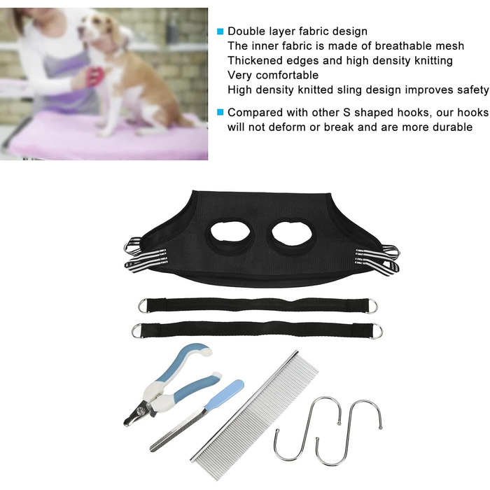 Гамак для грумінгу собак EVTSCAN, чорний, S. З набором для догляду за тваринами: щітка для вичісування та ножиці для стрижки нігтів