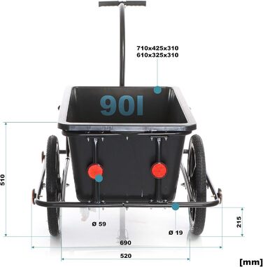 Причіп для велосипеда Wiltec, 158x69x51 см, вантажопідйомність 80 кг, об'єм 90 л, з кузовом, зчепленням та повітряними шинами