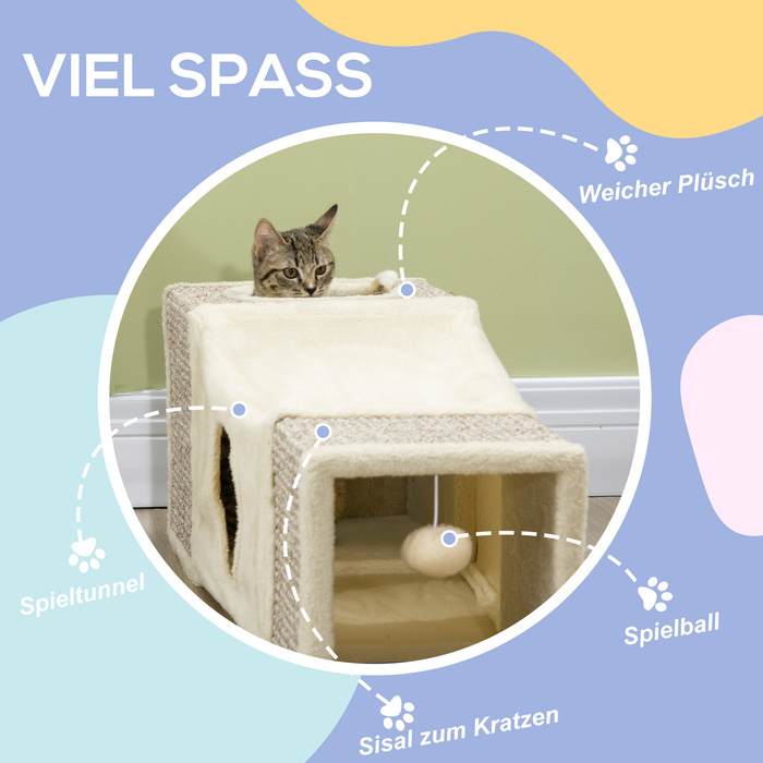 PawHut Котячий тунель з іграшкою Play Ball Cat, ігровий тунель Sisal, коричневий+бежевий, 98x30x30 см | Aosom