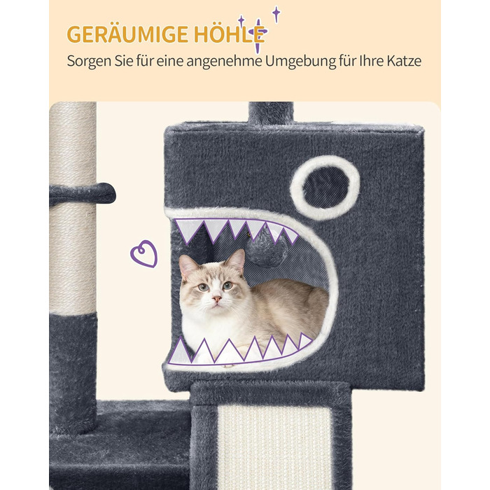Дерево для котів Hzuaneri, 98 см: стійка конструкція, велика платформа, іграшкові м'ячики, печери, стовпчики для дряпання, дощечка для дряпання, темно-сірий MS10118SG