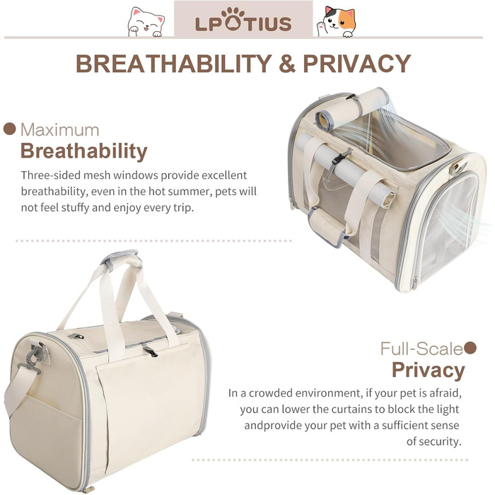 Транспортна сумка для котів та собак, дихаюча та складана переноска з регульованим плечовим ременем (Бежева)