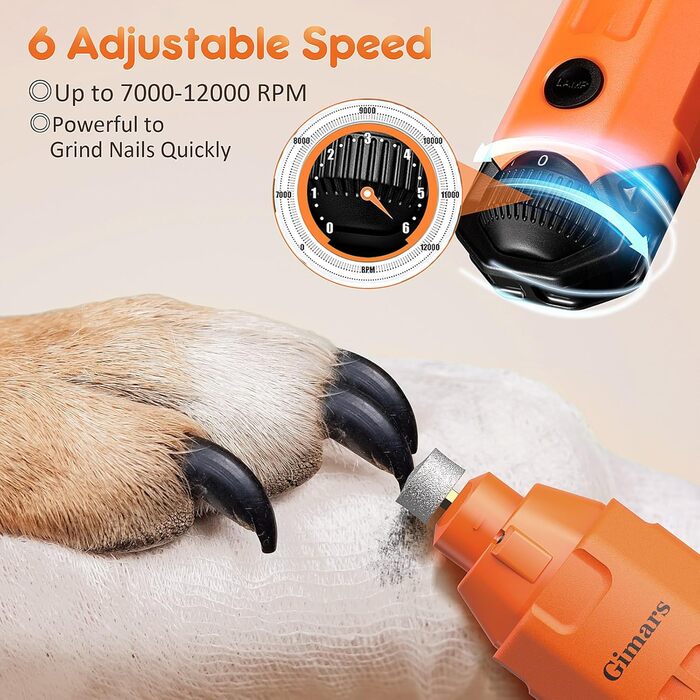 Шліфувальник для собак та котів Gimars з 6 режимами, LED-підсвічуванням, USB-зарядкою та регулюванням швидкості (12000 об/хв)