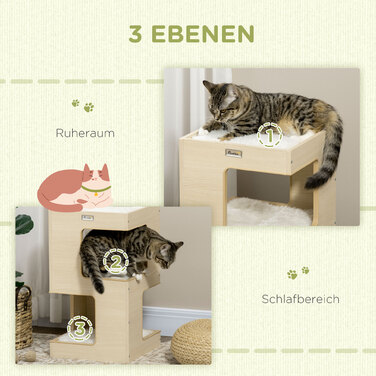 PawHut Cat Cave 3-х ярусна шафа для кішок Кімнатний будиночок для кішок з дубовою подушкою та іграшкою 34x34x60см для любителя кішок