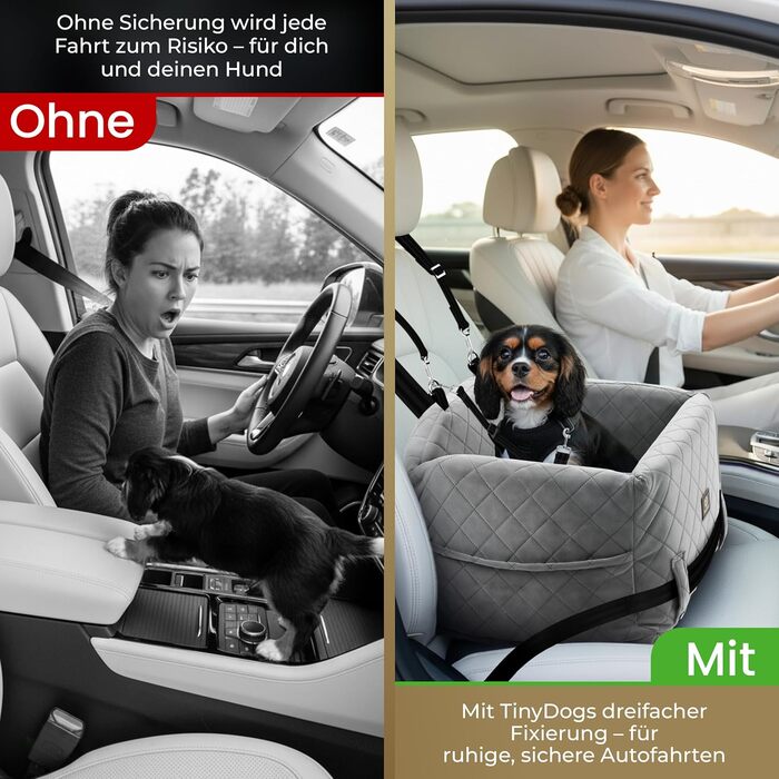 Автокрісло для собак Premium: безпечне автокрісло для малого та середнього собаки, з миючим чохлом, піною пам'яті та повідцем, сірий колір
