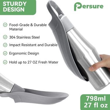 Водяна пляшка для собак, 765 мл, не протікає, з нержавіючої сталі, для прогулянок та активного відпочинку (сіра, 1 шт.)