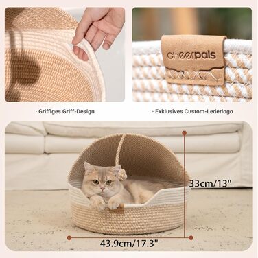 Кошик для котів CheerPals з подушкою, 47 см, бежевий. Плетений з бавовняних мотузок, миється, для сну котів, універсальний, для всіх сезонів