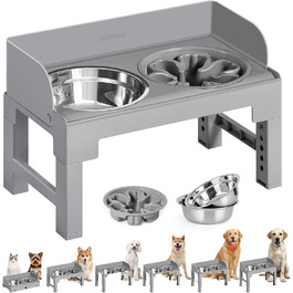 Підвищена годівниця для собак Feandrea з регульованою висотою та нахилом, 2 миски з нержавіючої сталі 304, миска для повільного годування, сірий колір, PRB103GD01