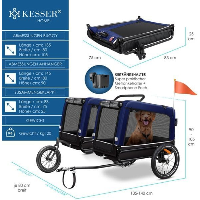 KESSER® Візок для собак Боксер 3-в-1: візок, буксир для велосипеда та буксир для бігу. Великий об'єм 240 літрів, амортизація, поворотне переднє колесо 360°, матеріал 600D Oxford Canvas, SmartSpace, максимальне навантаження 40 кг, колір Navy Blue