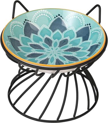 Підвищений годівниця для котів, кераміка, з металевим антиковзним підставкою - годівниця для котів, порцеляна, антиблювотний, набір - 250 мл (Блакитний)