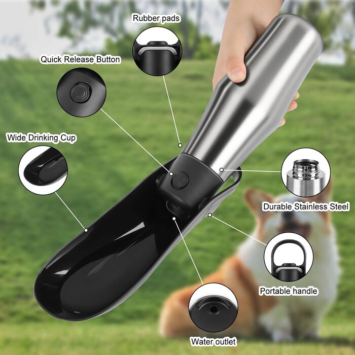 Водяна пляшка для собак на прогулянці - витокозахисна, з нержавіючої сталі, подвійні стінки, вакуумна ізоляція, 750 мл (Чорний)