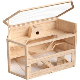 Клітка для тварин Wiltec 3-ярусна, 600x400x800 мм, дерев'яна, з відкидним дахом та оглядовим вікном, для мишей, хом'яків (116x60x59 см)
