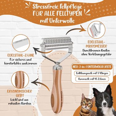 Двостороння щітка для собак та котів 2в1: щітка для підшерстка та гребінець для видалення підшерстка та ковтунів, бамбук, розмір M-L + E-book