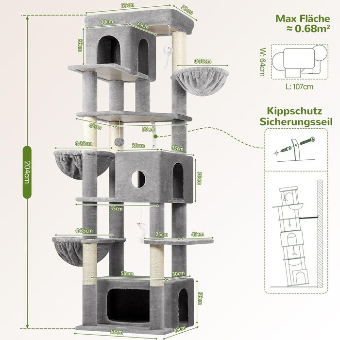 Драбина для котів Globlazer 204 см з 3 будиночками, 2 великими платформами, 3 м'якими кошиками, стабільна для 3-5 котів, для відпочинку, ігор та дряпання, сірий колір (XXL)