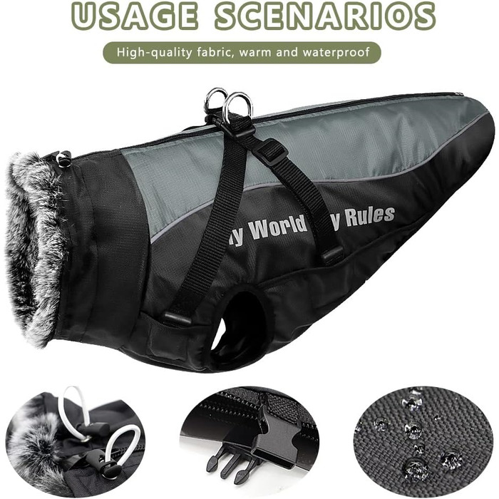 Водонепроникна зимова куртка для собак з шлейкою, великий розмір 6XL, чорний колір
