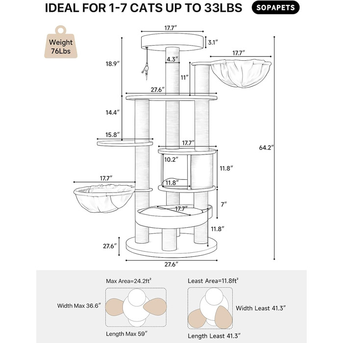 Великий котячий будиночок з дряпалкою для Мейн-куна, 165 см, котячий будиночок для кішок, дорослих, 9 кг, XXL, міцний, розкішний з великою гамаком, дряпка з сизалю, бежевий, 165 см