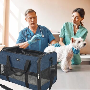 Транспортна сумка для котів та собак, дихаюча та складна, транспортна переноска для котів з регульованим плечовим ременем, знімна плюшева підстилка (Темно-синій, L)