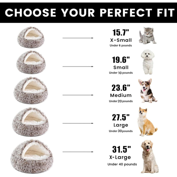Кругле собаче ліжко NOYAL з капюшоном для маленьких та середніх тварин – плюшеве, м'яке, заспокійливе ліжко-будиночок для котів та собак (XLarge 31.5", Колір: коричневий)