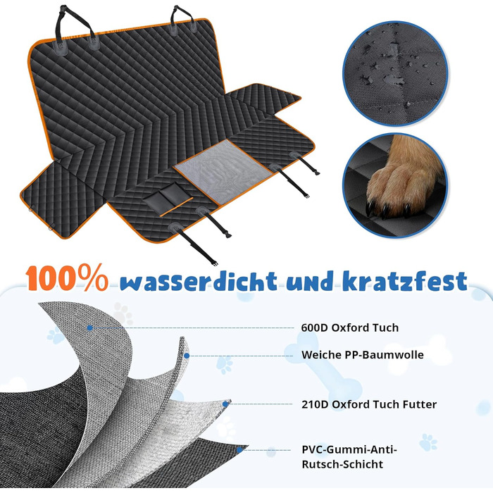 Водонепроникний килимок для собак у машину Heatail для заднього сидіння з боковими захисниками та сіткою, 135 x 148 см, чорний/помаранчевий